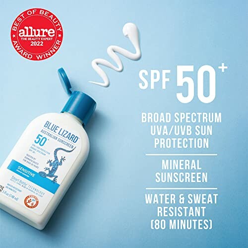 Blue Lizard SPF 50 mineral sunscreen bottle with swirled cream.