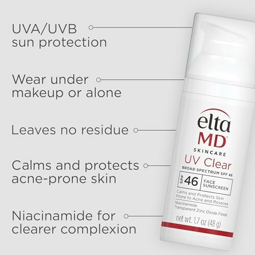 EltaMD UV Clear sunscreen bottle with benefits listed.