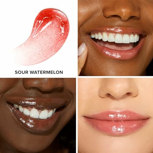 Different lip colors with glossy finish and sour watermelon swatch.