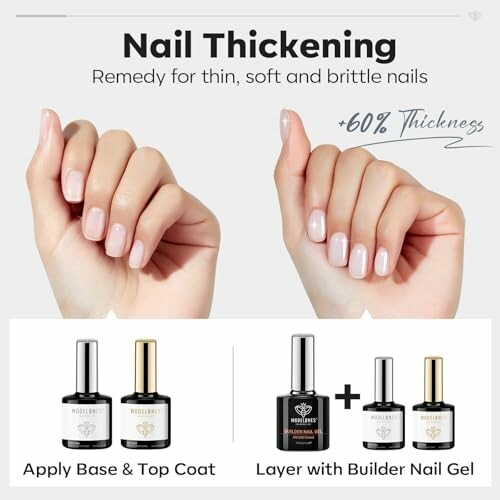 Hands with healthy nails and nail thickening products.