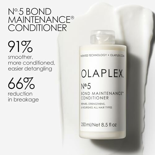 Olaplex No. 5 Bond Maintenance Conditioner bottle on a white background with text highlighting benefits