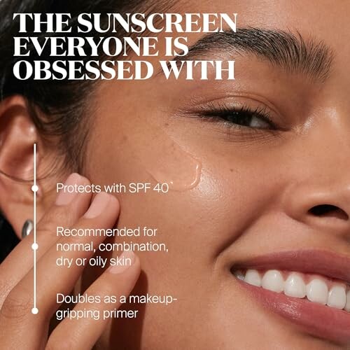 Close-up of a smiling person applying sunscreen with text about SPF 40 benefits.